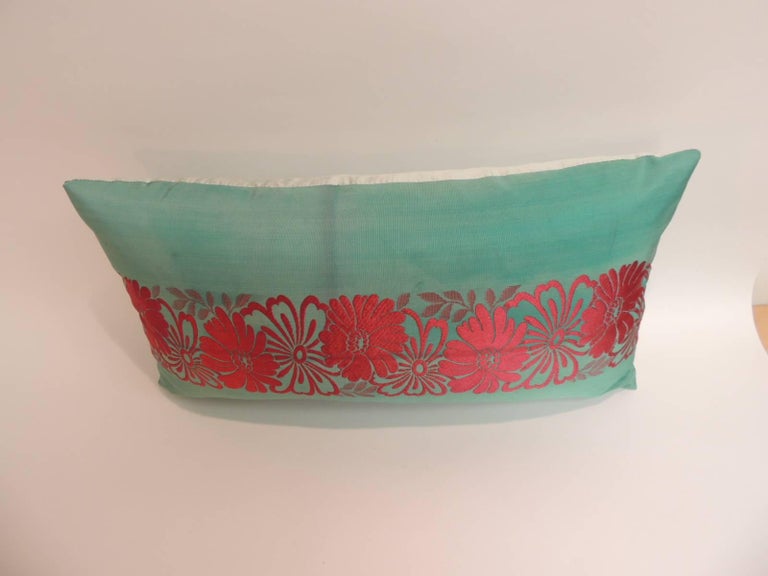 Vintage Asian Colorful Green and Red Silk Woven Obi Decorative Lumbar Pillow For Sale at 1stdibs