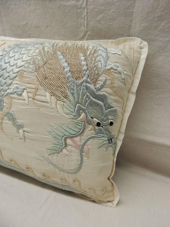 Japanese Intricate Asian Embroidery Silk Dragon Deco Bolster Pillow at