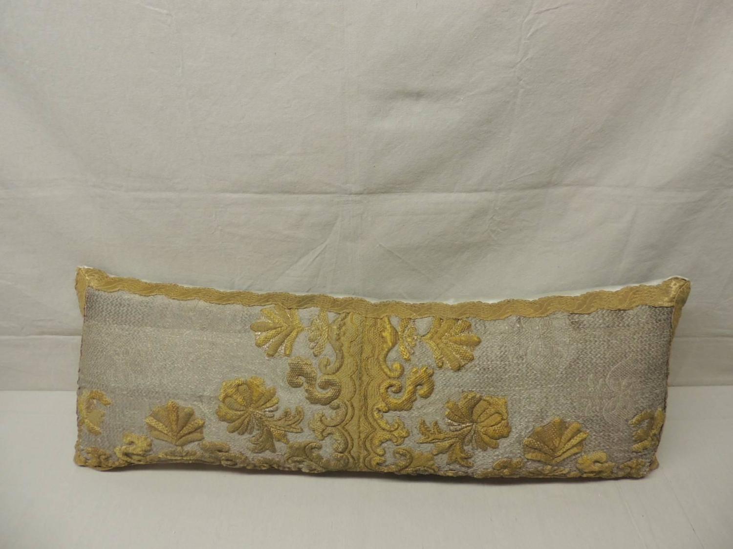 18th Century Silver and Gold Embroidered Long Bolster Pillow For Sale