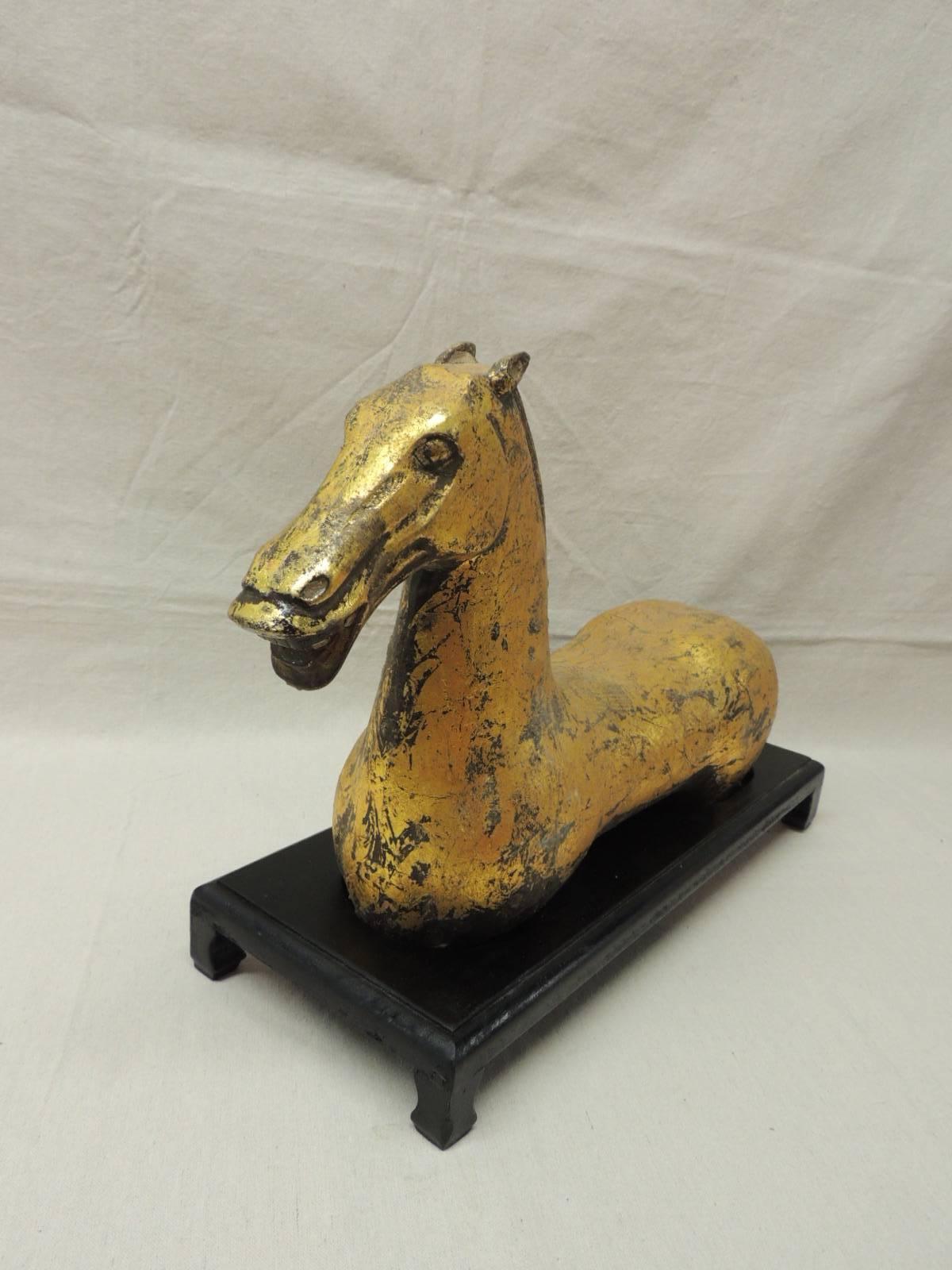 Hand-Crafted Ancient Asian Han Dynasty Style Gilded Horse on Wood Stand