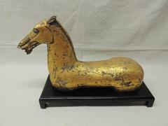 Ancient Asian Han Dynasty Style Gilded Horse on Wood Stand