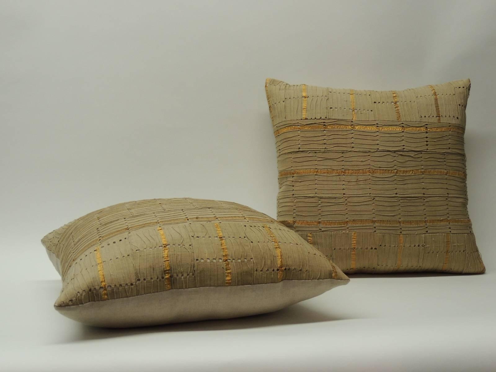 Tribal Pair of African Gold and Tan Decorative Pillows