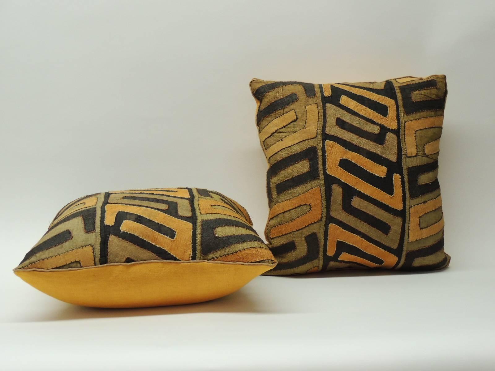 Tribal Pair of 19th Century Orange African Kuba Decorative Textured Finish Pillows