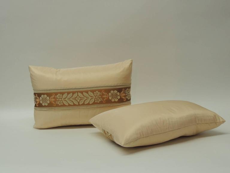 Pair of 19th Century French Peach Silk Ribbon Lumbar Decorative Pillows