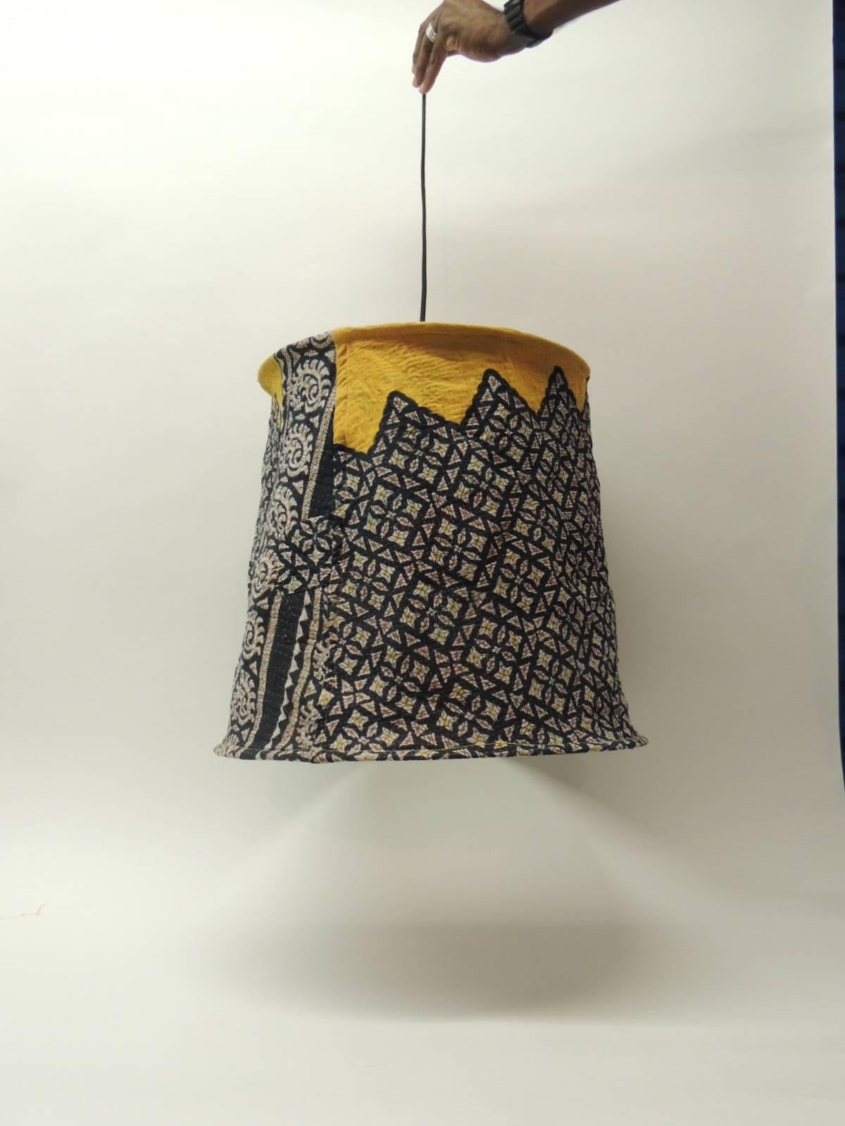 Antique Textiles Galleries vintage kantha cloth hanging textile shades handmade in India. The vintage kantha cloth hanging textile shades are collapsible and are made with “quilts, commonly known as Nakshi Kantha. Women in Bengal typically use old