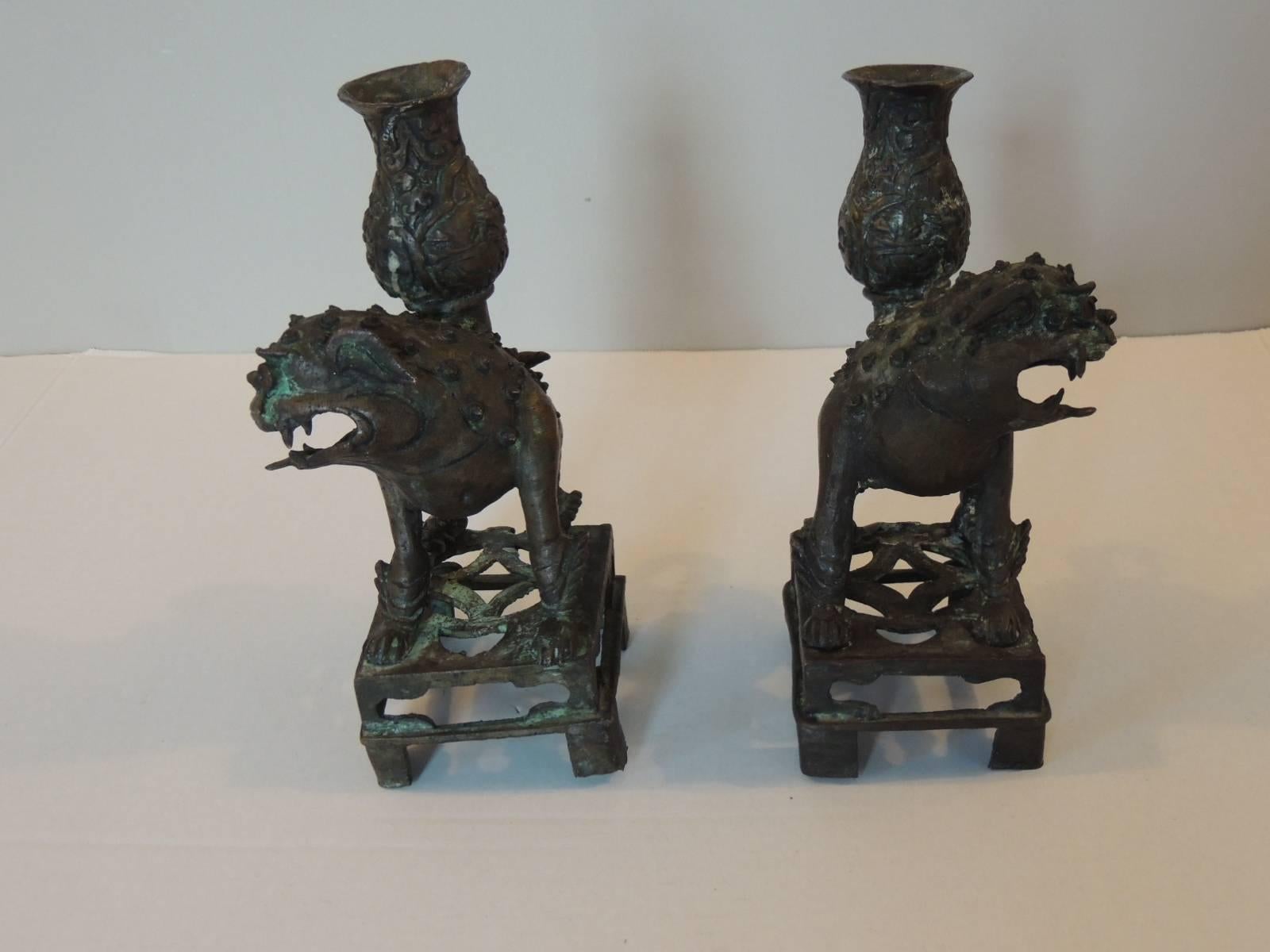 Japonisme CLOSE OUT SALE: Pair of Antique Asian Bronze Foo Dogs Candle Holders