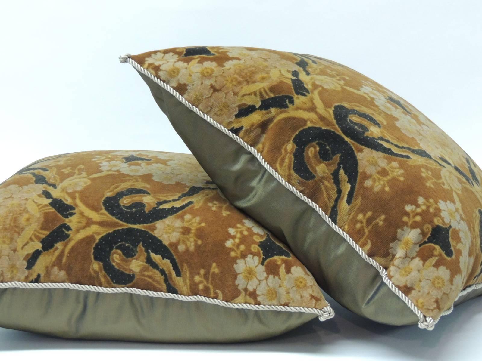 European Pair of Vintage Art Noveau Style Cotton Velvet Decorative Pillows