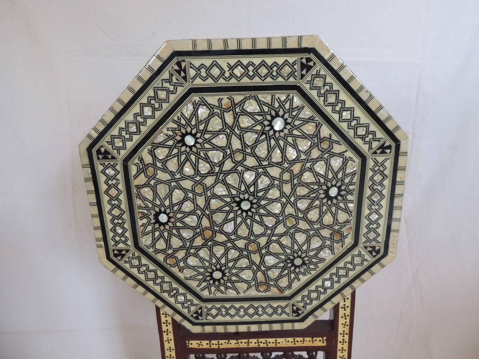 19th century Syrian mother-of-pearl inlaid tilt-top side table. “The… sources of mother-of-pearl have been the pearl oyster, freshwater pearl mussels and to a lesser extent the abalone, popular for their sturdiness and beauty in the latter half of