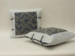 Japanese Vintage Blue and Gold Woven Silk Double-Sided Decorative Pillow, Pair