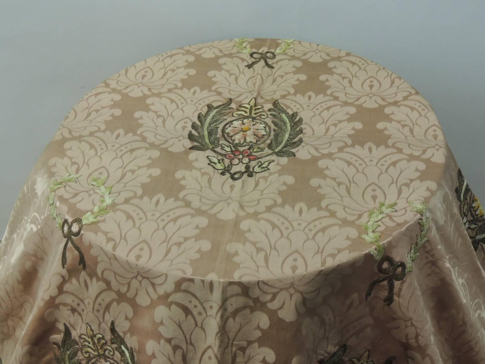 Large square table/bed cover damask textile panel.
19th century Italian hand embroidered on silk large square table and/or bed cover textile panel with copper-orange Damask under cloth and framed with antique silk velvet with a pattern that repeats