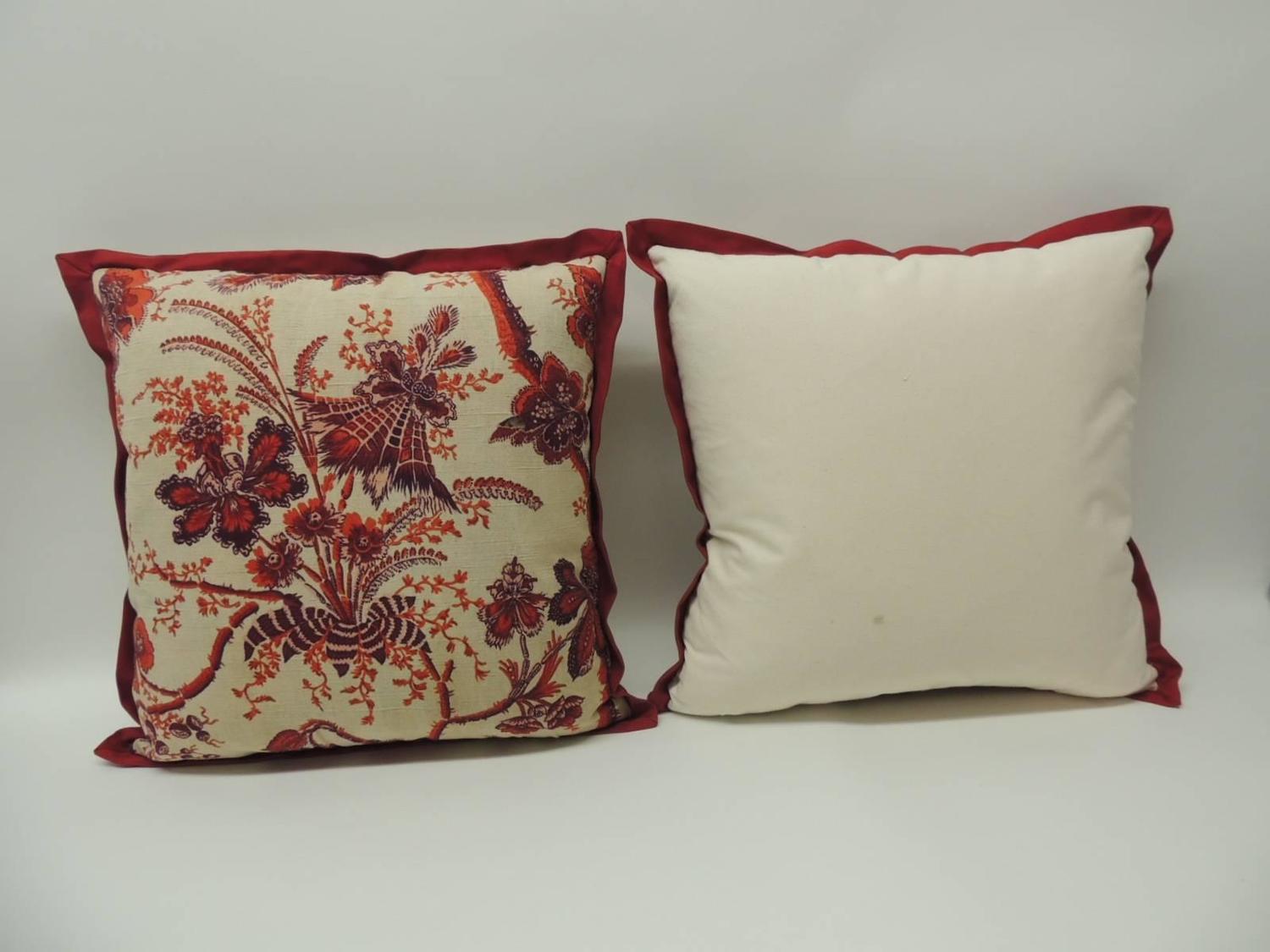 Pair of Vintage French Scarlet Red Printed Linen Decorative Pillows For Sale at 1stdibs