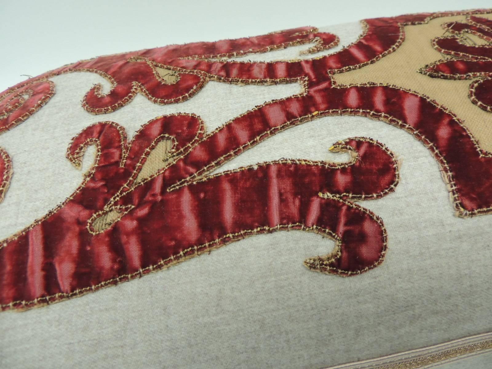 Belle Époque Byzantine Style Red Cut Velvet Applique Decorative Bolster Pillow