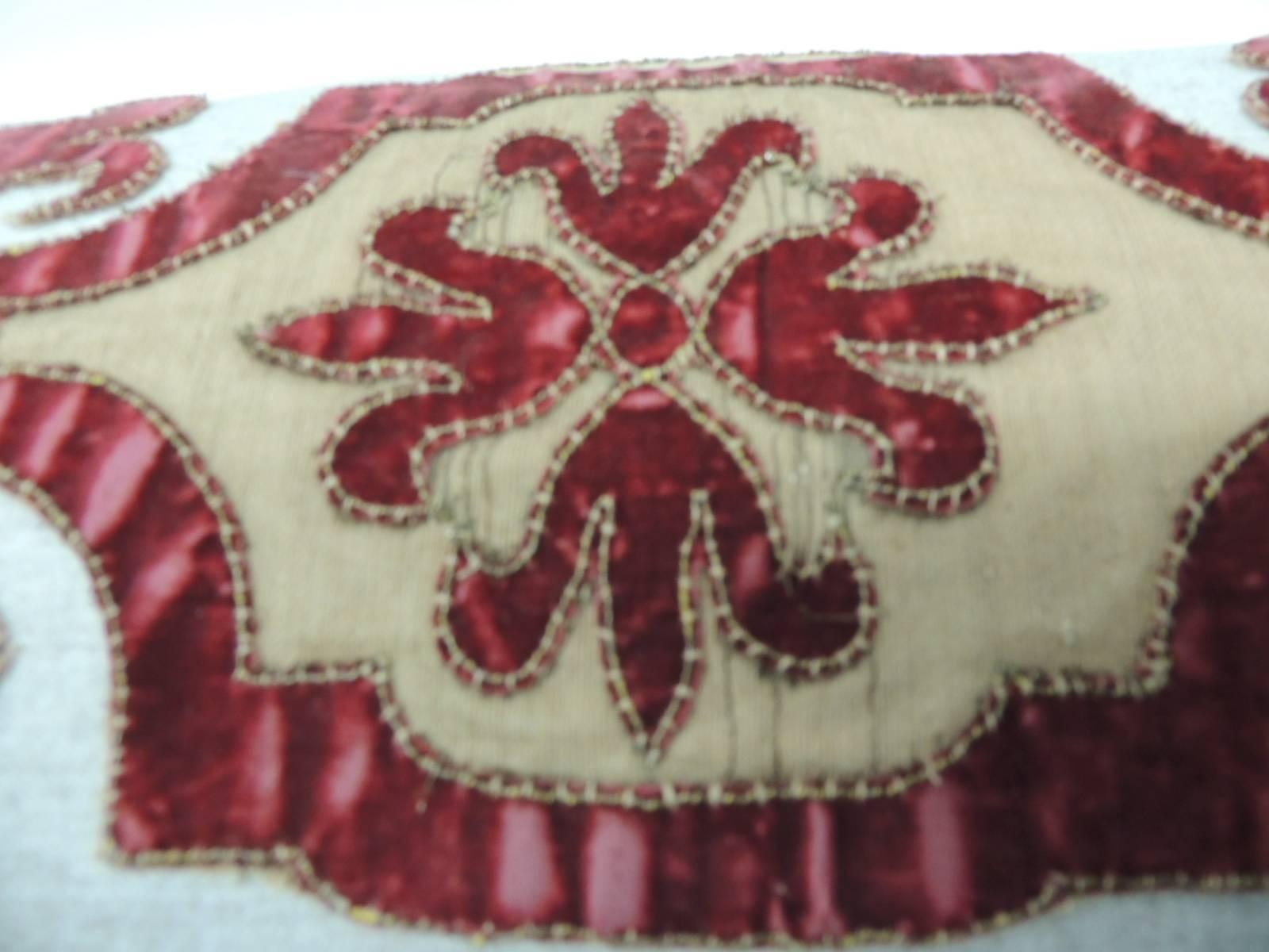 Italian Byzantine Style Red Cut Velvet Applique Decorative Bolster Pillow