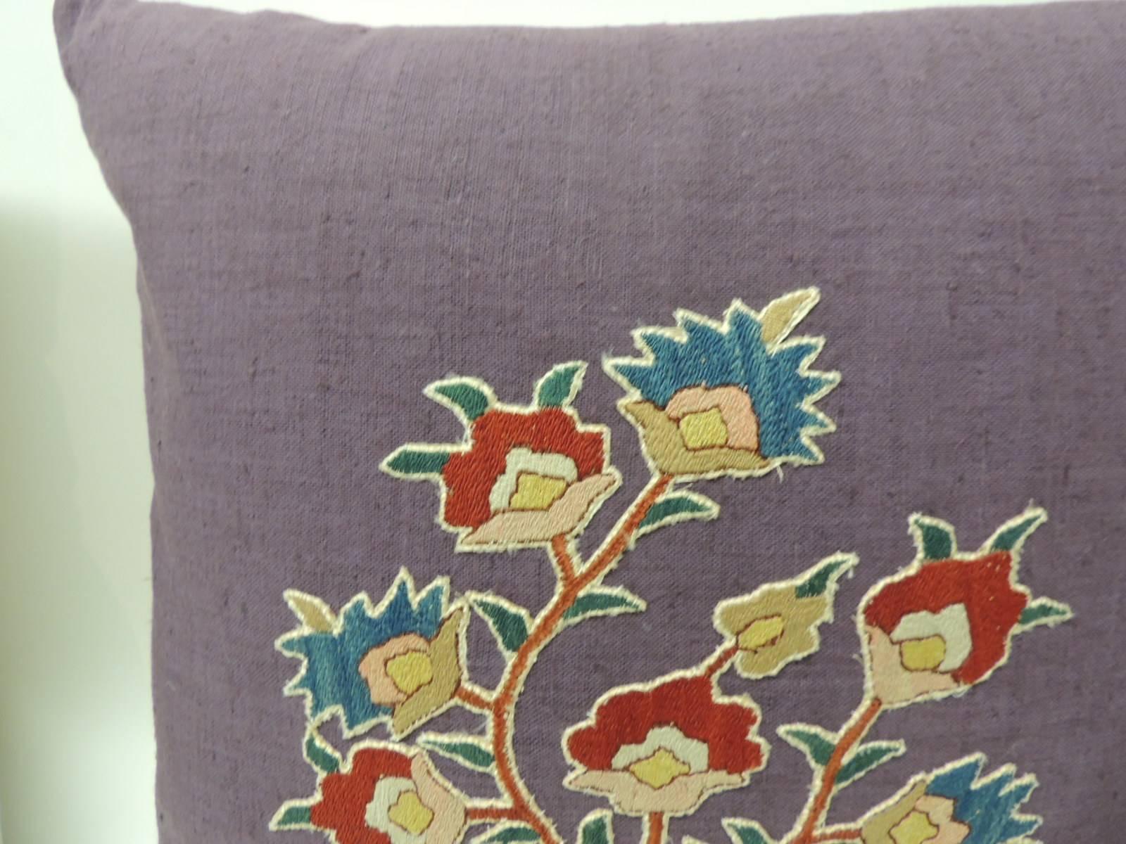 Moorish Pair of 19th c. Embroidery Hand Appliqué on Purple Linen Pillows