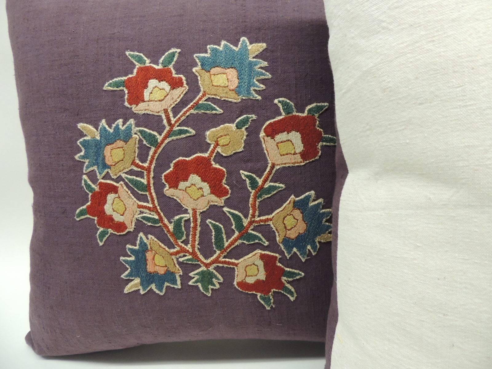 Turkish Pair of 19th c. Embroidery Hand Appliqué on Purple Linen Pillows