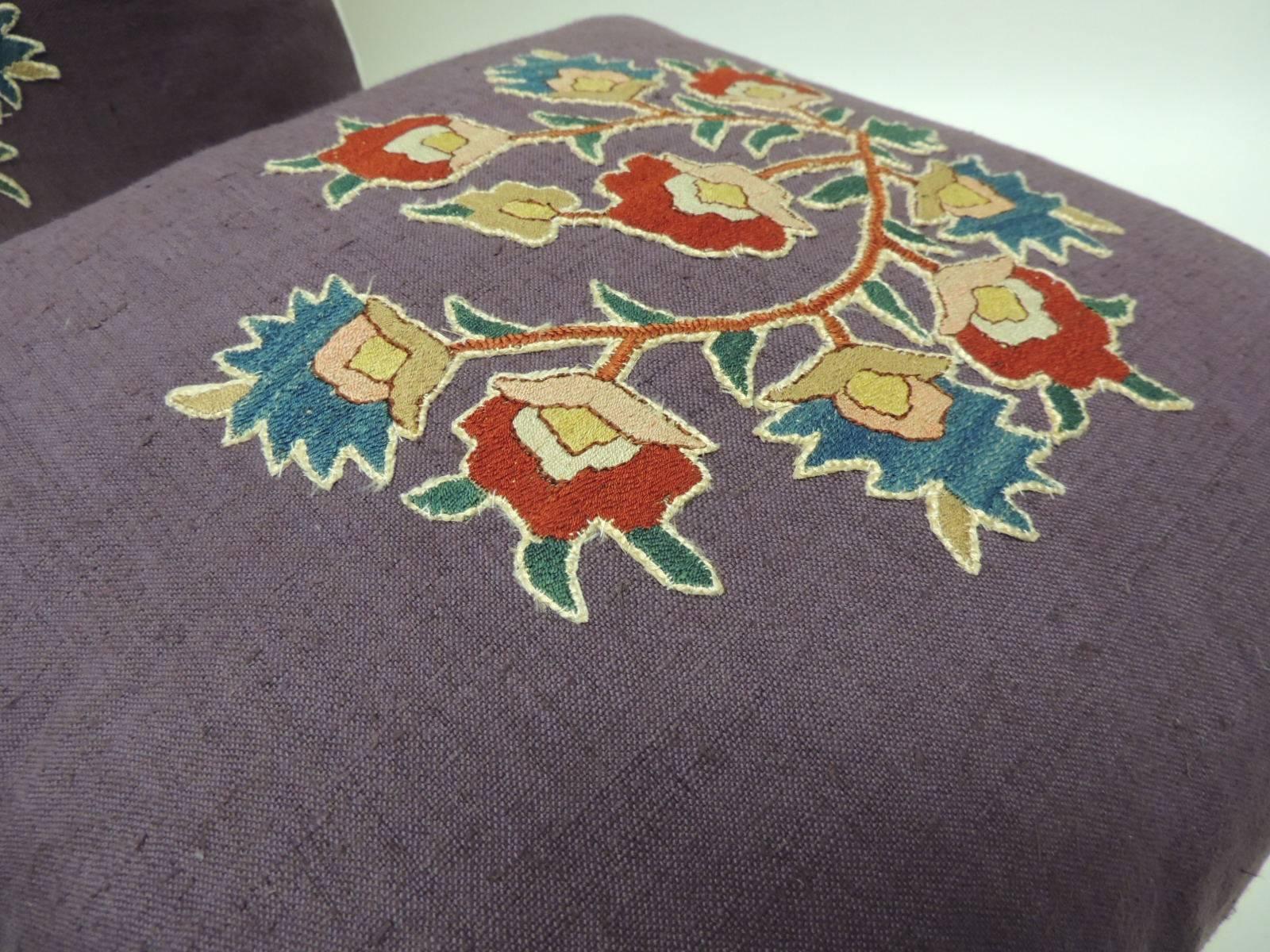 Hand-Crafted Pair of 19th c. Embroidery Hand Appliqué on Purple Linen Pillows