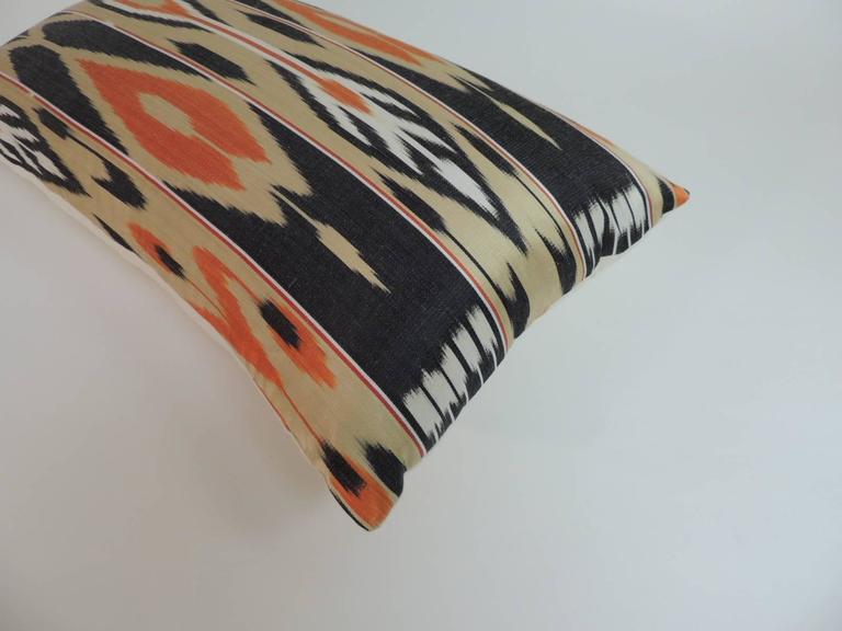 Pair of Vintage Orange and Black Silk Ikat Bolsters Decorative Pillows