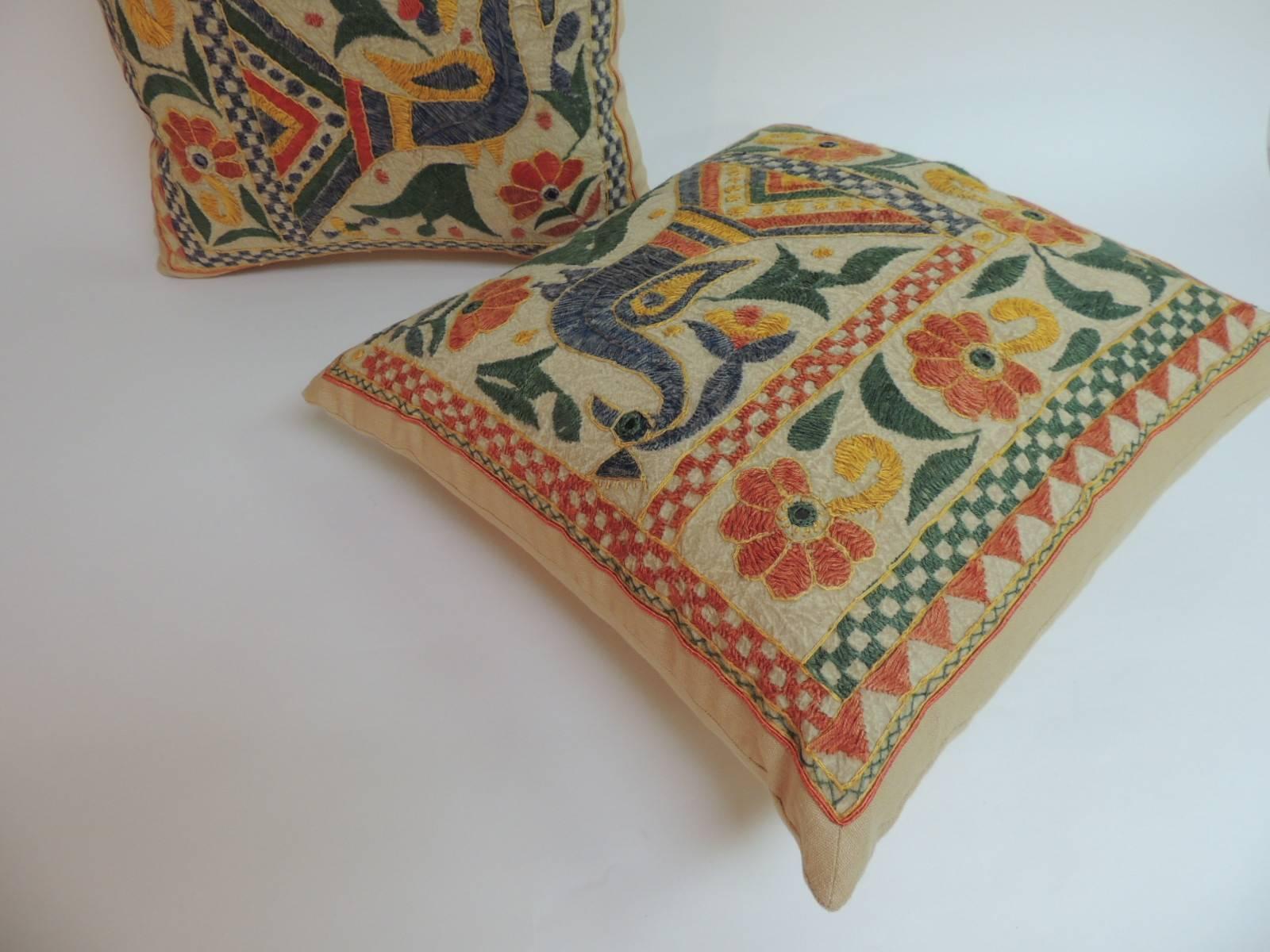 Hand-Crafted Pair of 19th Century Indian Hand Embroidery Decorative Pillows