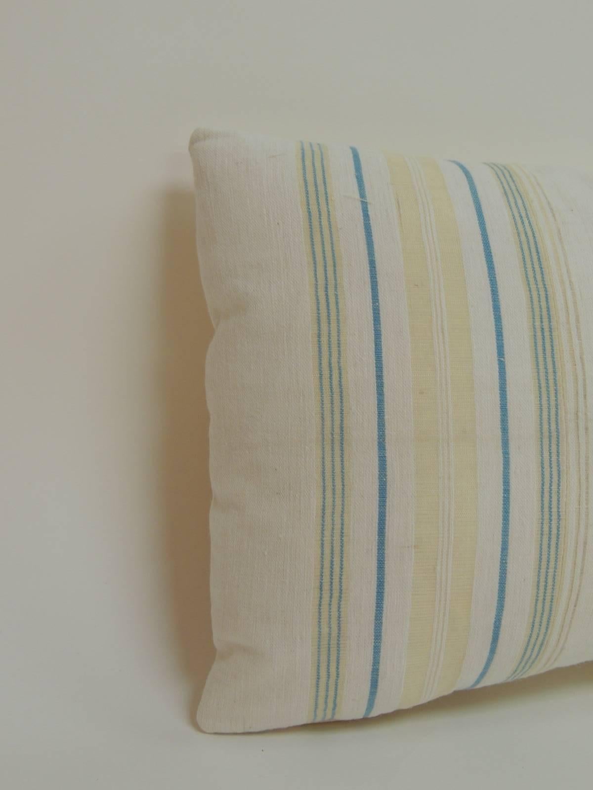 Vintage Turkish petite decorative pillow with sheer linen woven stripe. In shades of yellow, mustard, green, aqua blue and natural with natural linen backing. Front textile panel from Turkey 1980s has been reinforced to add strength to the petite