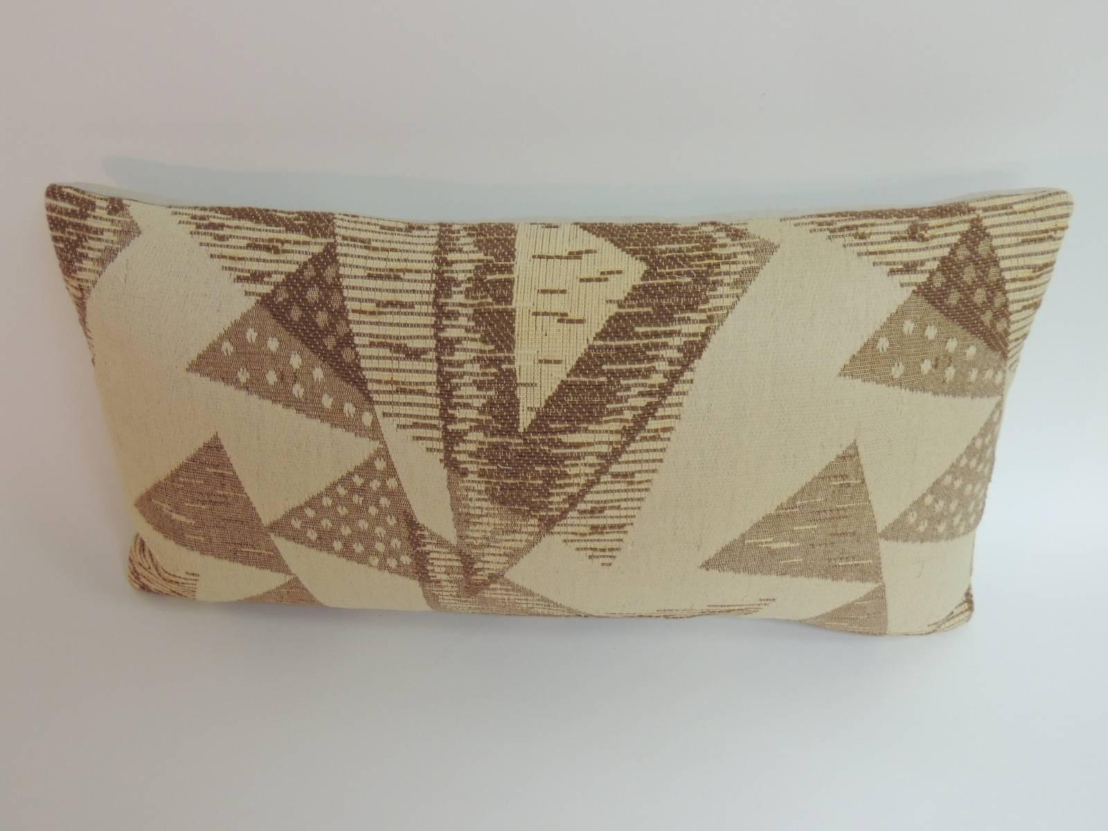 Vintage Art Deco style woven bolster decorative pillow with textured tan linen backing. Front textile panel from 1960s Belgium has been reinforced to add strength to the pillow. Decorative pillow was handcrafted and designed in the USA. Custom-made