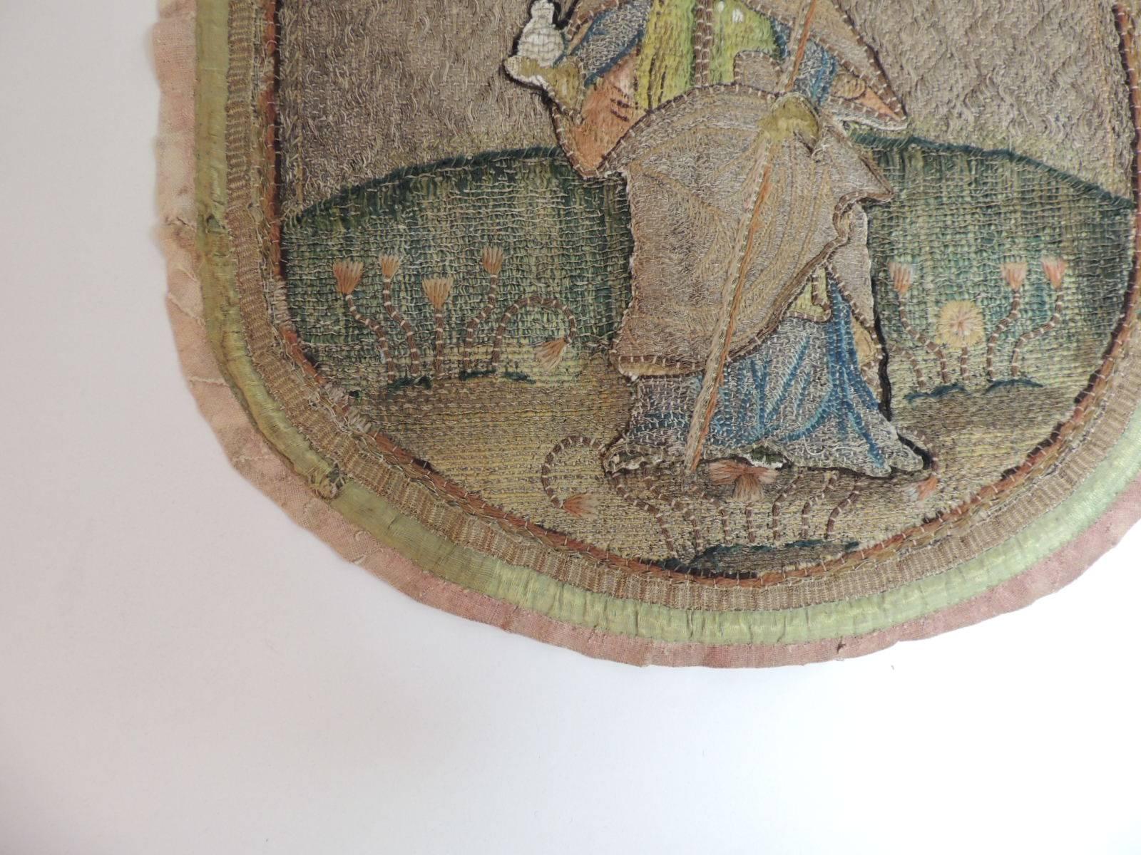 From: Antique Textiles Galleries
Intricate English embroidered fragment depicting St. Paul holding an orb; all rendered with silk and gold threads in closely worked laid and couched stitches. This intricate antique tapestry fragment was handcrafted