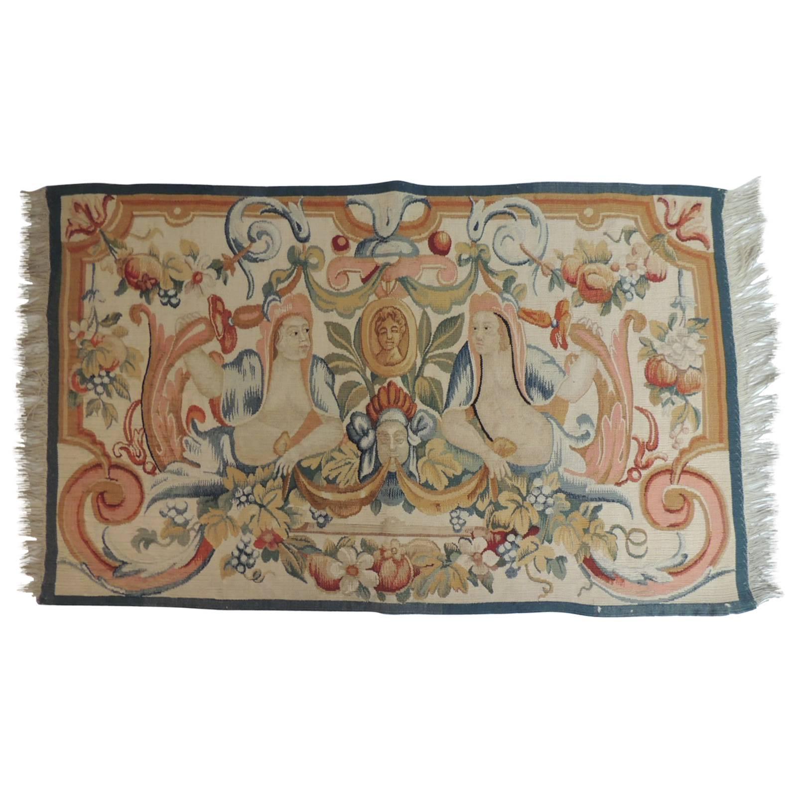 Colorful Aubusson Tapestry with Fringes