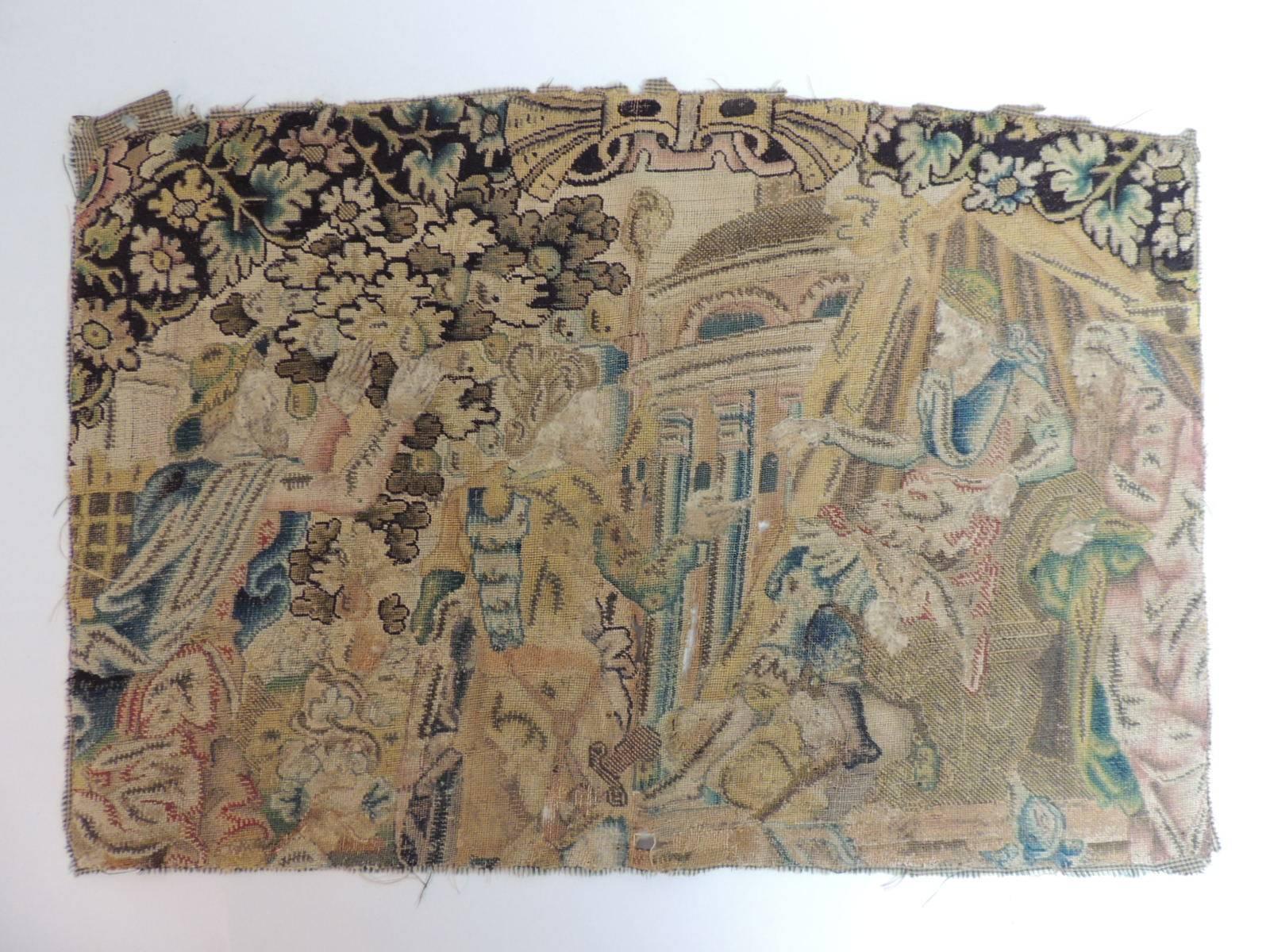 Offered by the Antique Textiles Galleries:
Antique embroidery tapestry panel finely tent-stitched with polychrome silk threads. The background worked in an array of exotic trees on a town main square. The fine embroidery of this antique tapestry