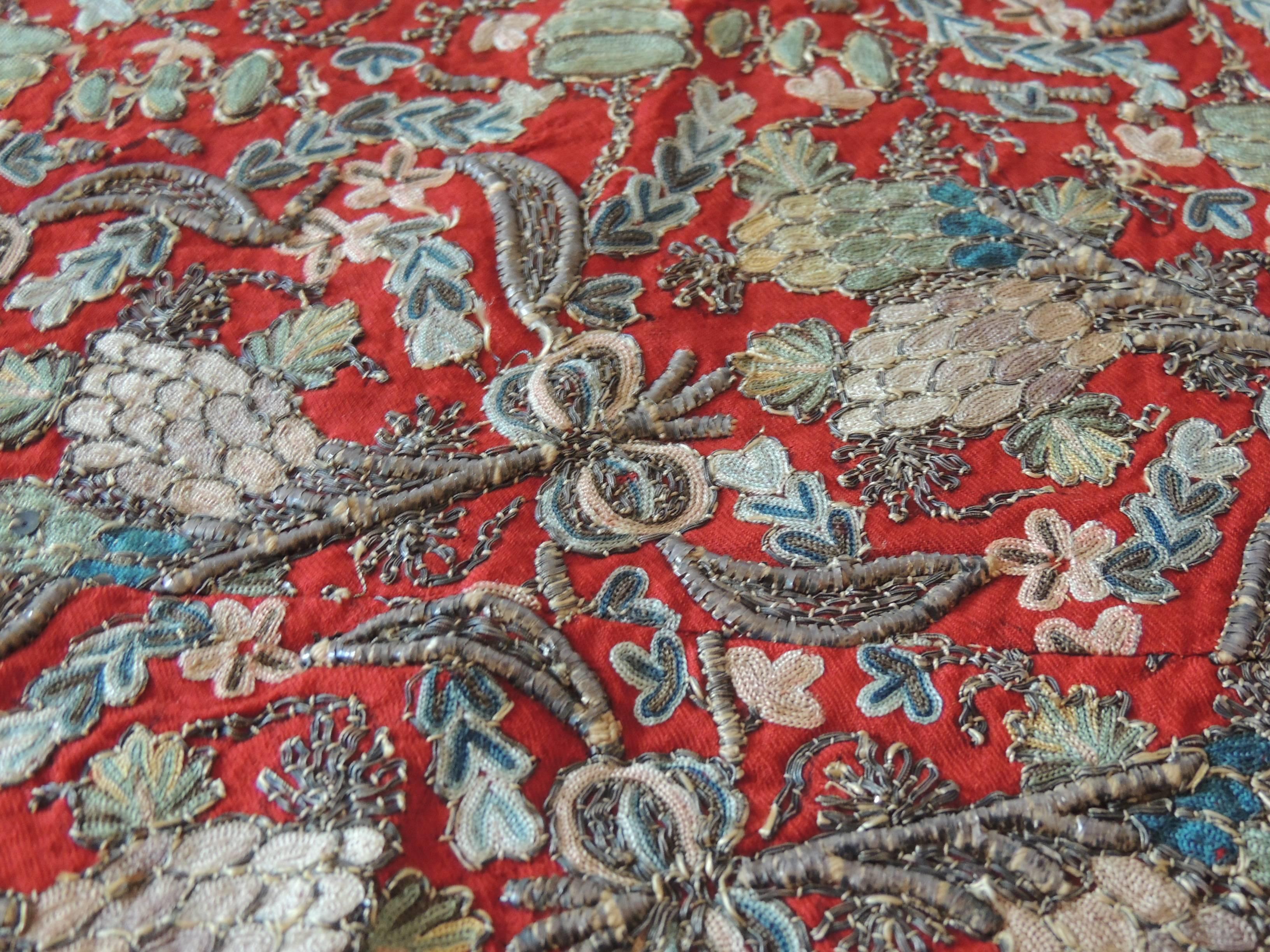 Moorish Antique Red Persian Embroidery Textile Panel with Metallic Threads