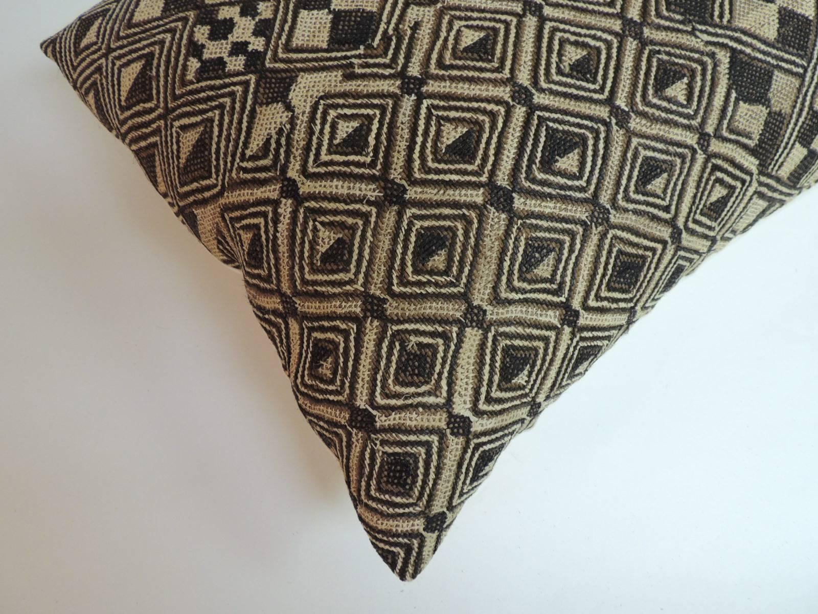Tribal Tan and Black Woven African Kuba Textile Decorative Pillow