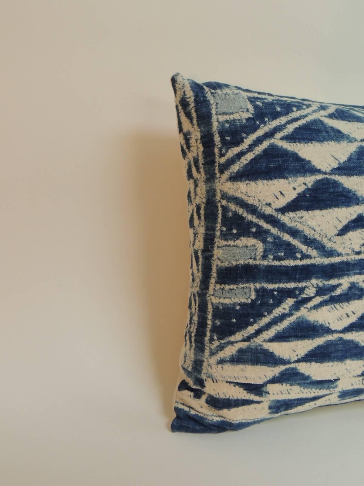 Tribal 19th Century Blue and White “Ndop” African Woven Decorative Bolster Pillow