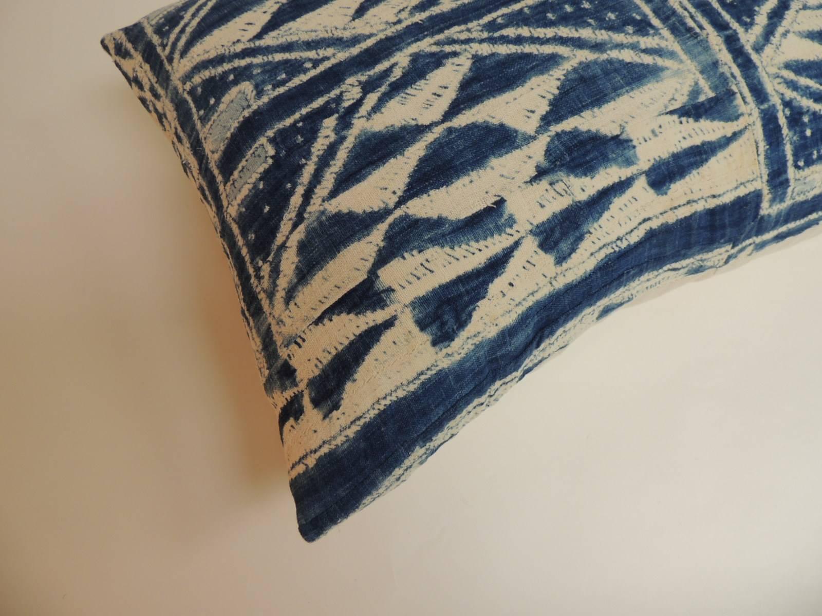 Hand-Crafted 19th Century Blue and White “Ndop” African Woven Decorative Bolster Pillow