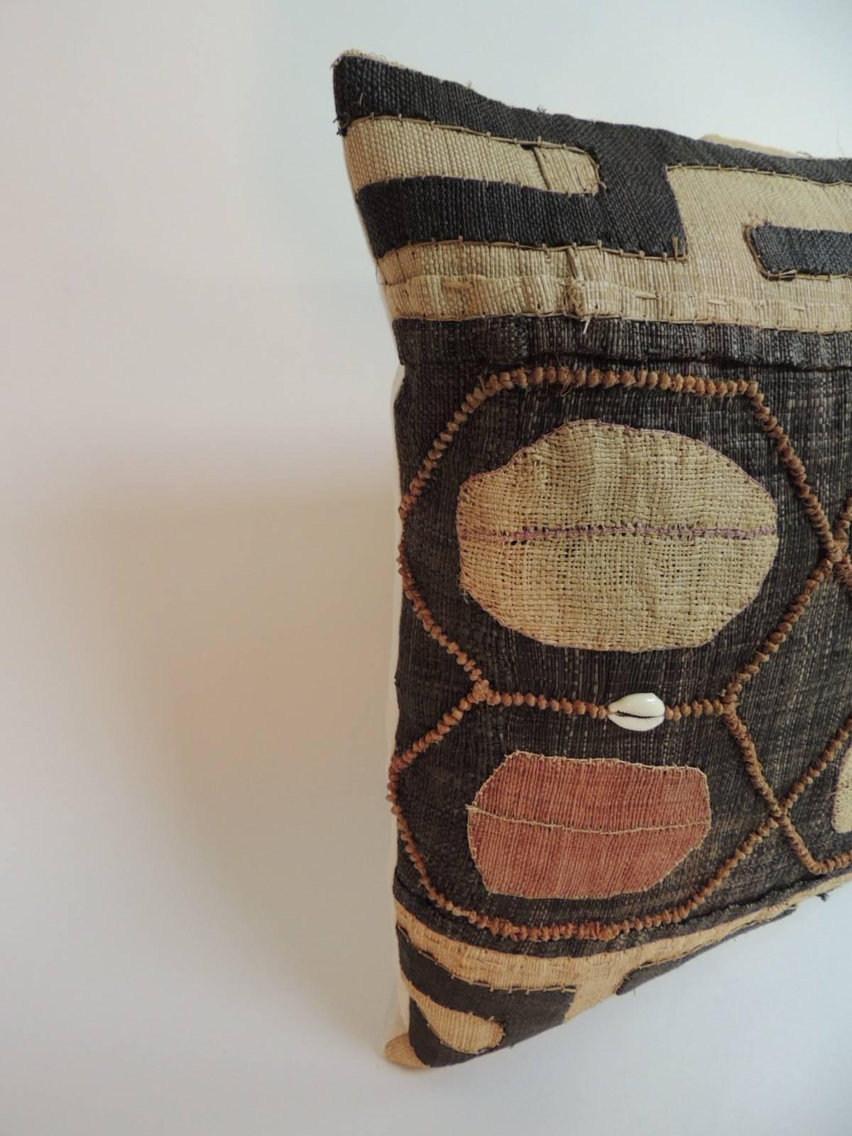 Congolese Pair of Vintage Embroidery African Tribal Lumbar Pillows with Cowries Shells