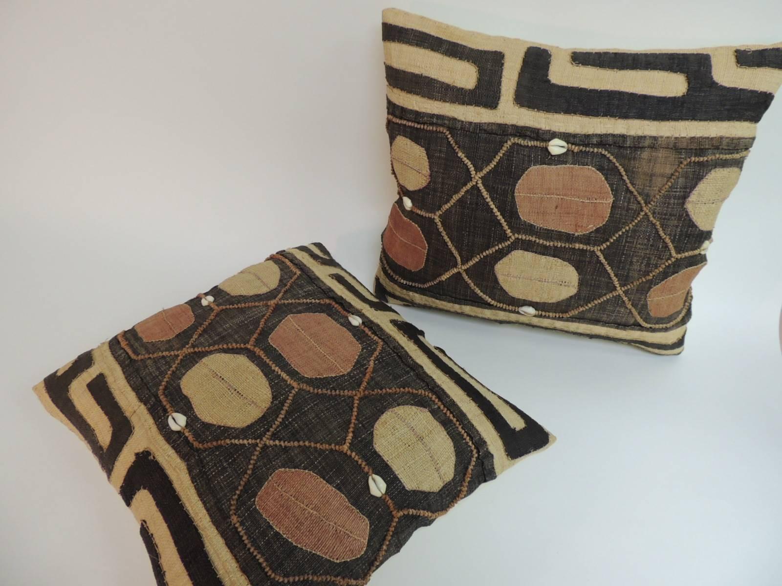 Hand-Crafted Pair of Vintage Embroidery African Tribal Lumbar Pillows with Cowries Shells