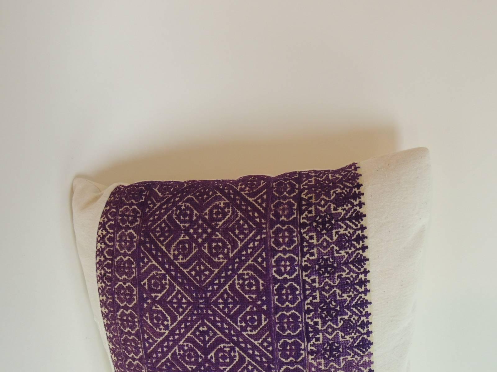 Purple and natural Fez antique textile embroidered silk threads on linen decorative bolster pillow with natural linen framing bars and natural linen backing. Decorative pillows designed and handcrafted in the USA. Hand-stitched closure (no zipper.)