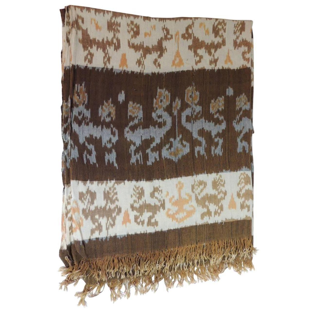 Vintage Woven Brown and Yellow Ikat Textile Panel with Fringes