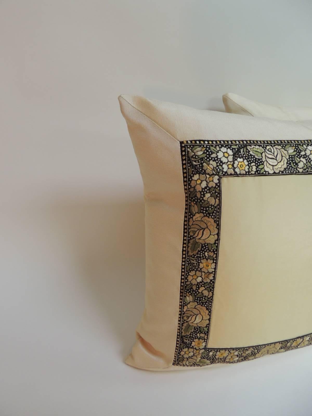 Antique Textiles Galleries:
Pair of vintage yellow and black embroidery Japanese silk ribbon decorative pillows. Framed with yellow silk in the centre and soft ecru color frame and backings. In shades of yellow, ecru, black, copper and