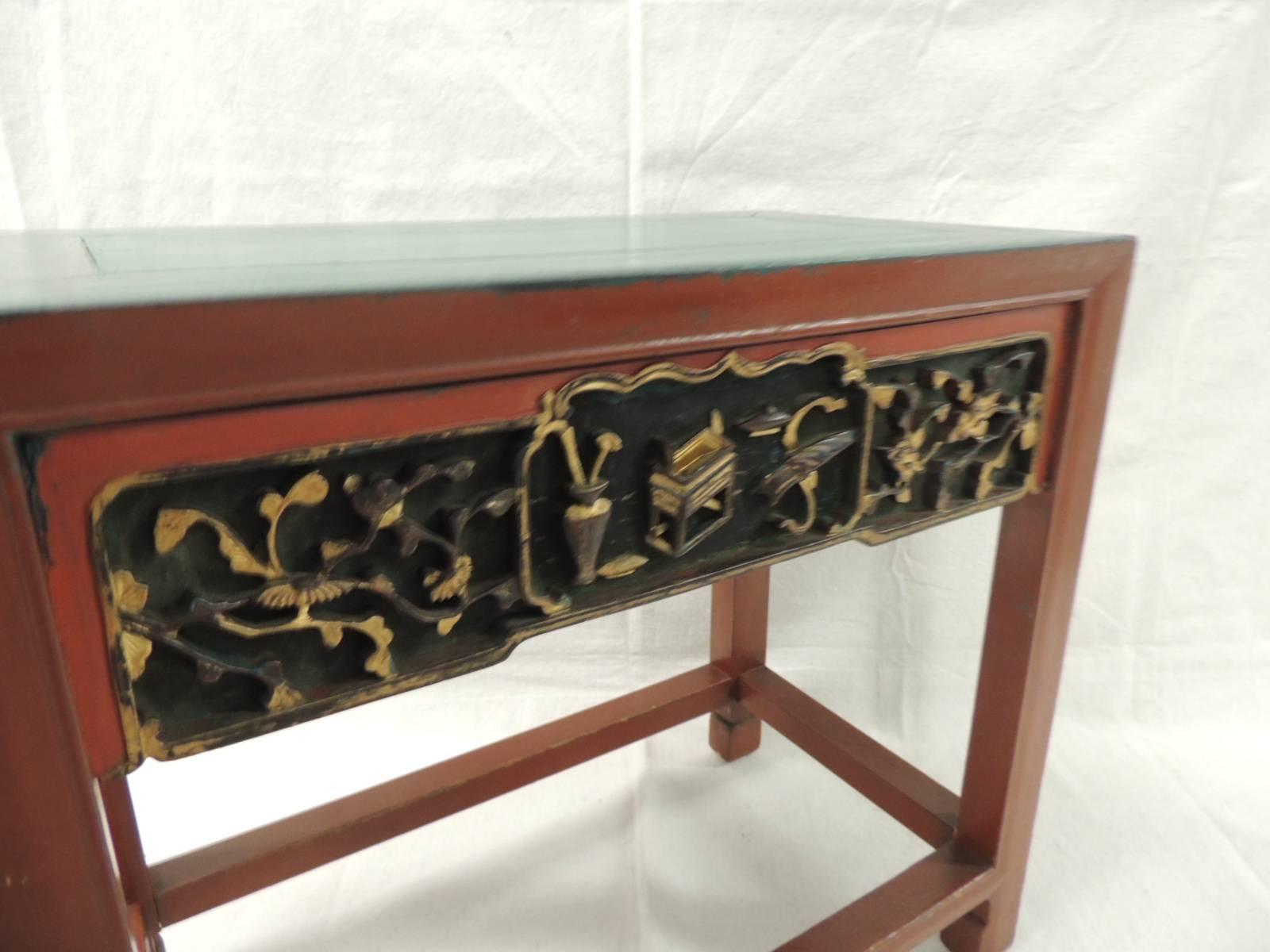Hand-Crafted Vintage Chinese Red Lacquered Rectangular Side Table with Carving Apron