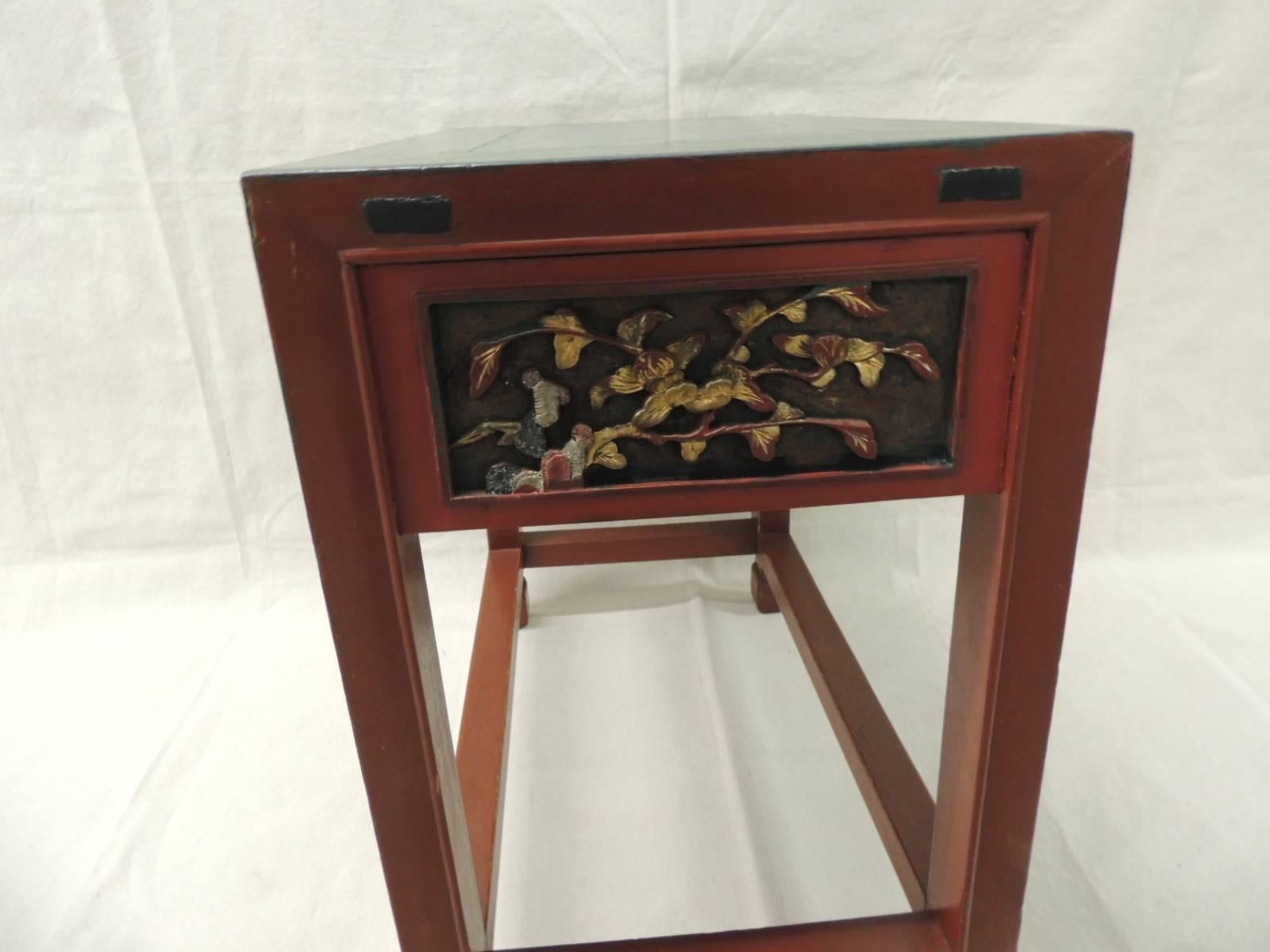Vintage Chinese Red Lacquered Rectangular Side Table with Carving Apron In Excellent Condition In Oakland Park, FL