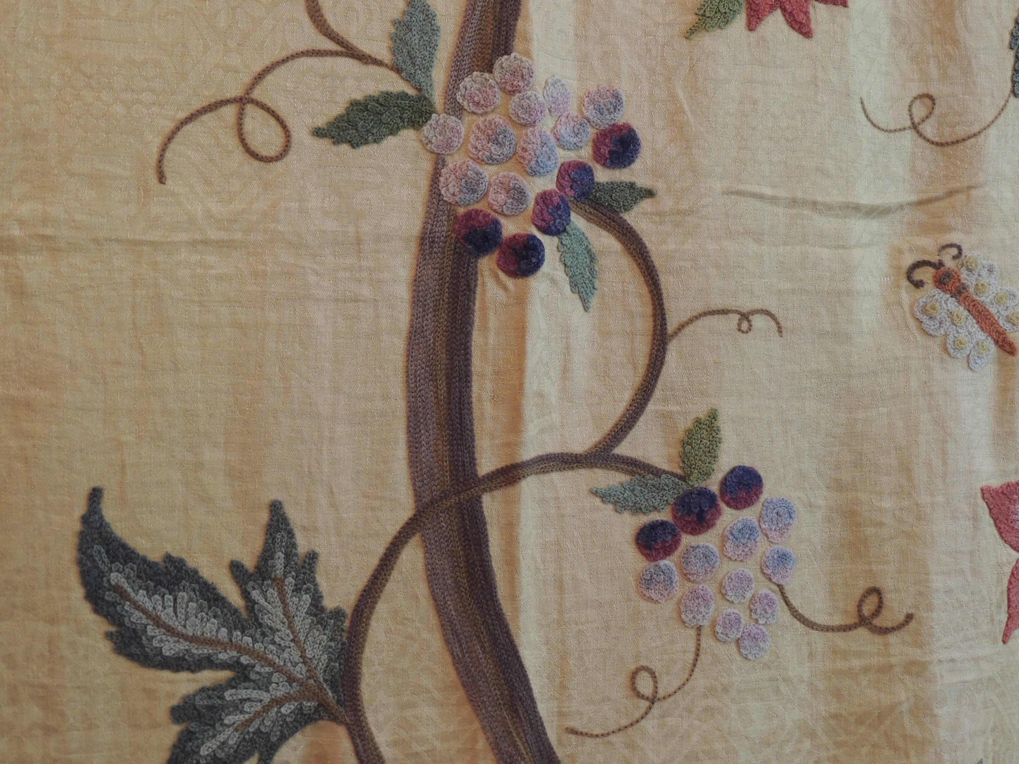 English 19th Century Monumental Crewel Work Tree of Life Textile Panel