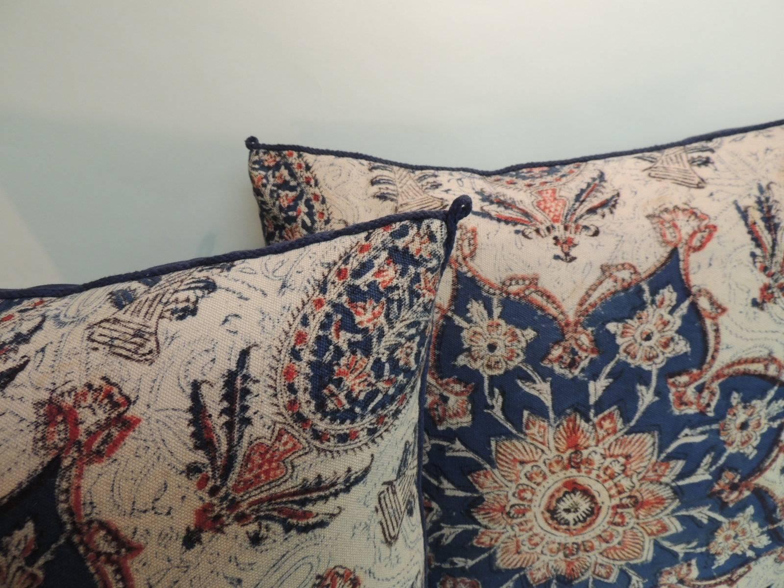 Anglo Raj Pair of 19th Century Indian Hand-Blocked Floral Decorative Pillows