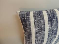 Pair of Vintage Indian Blue and White Woven Stripes Decorative Pillows
