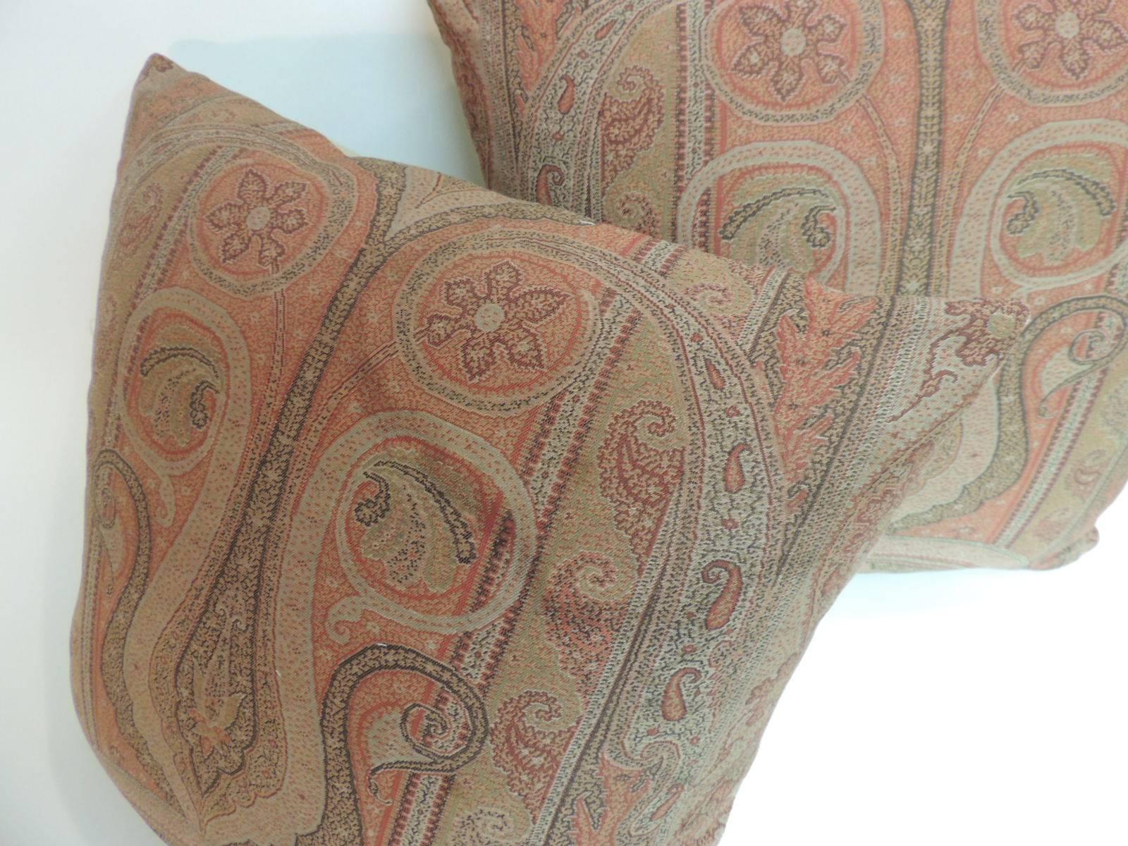Anglo Raj Pair of 19th Century Kashmir Woven Paisley Decorative Pillows