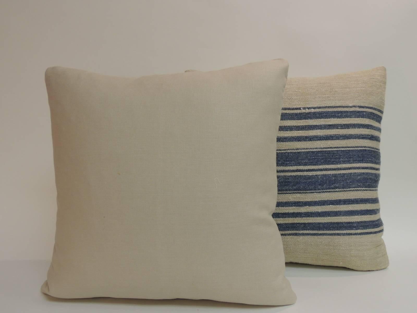 Hand-Crafted Pair of 19th Century French Blue Stripes Decorative Pillows