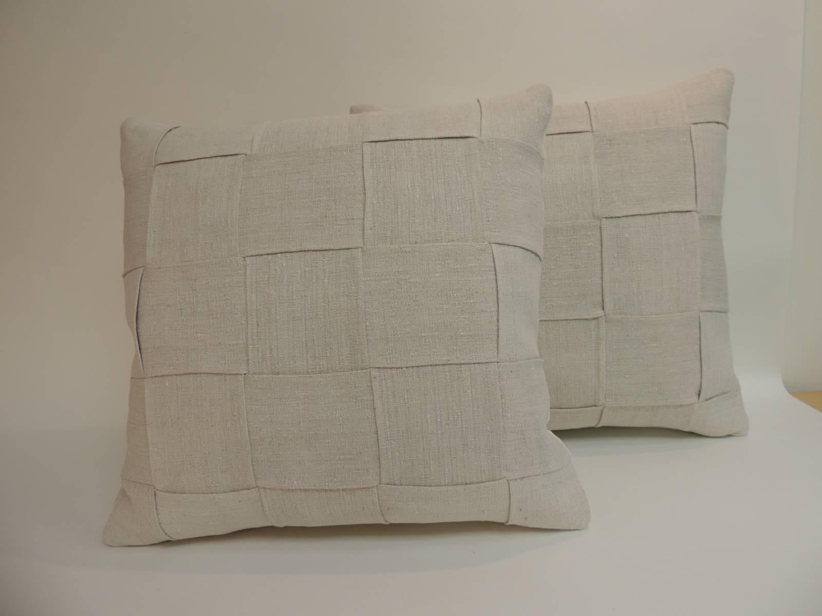 French Provincial Pair of 19th Century Homespun French Antique Linen Pillows