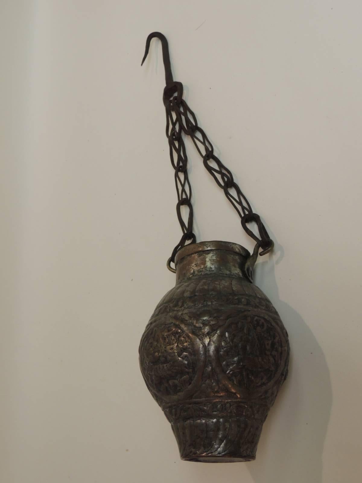 Antique Persian Copper Repousse Oil Lamp with Hanging Hook 1
