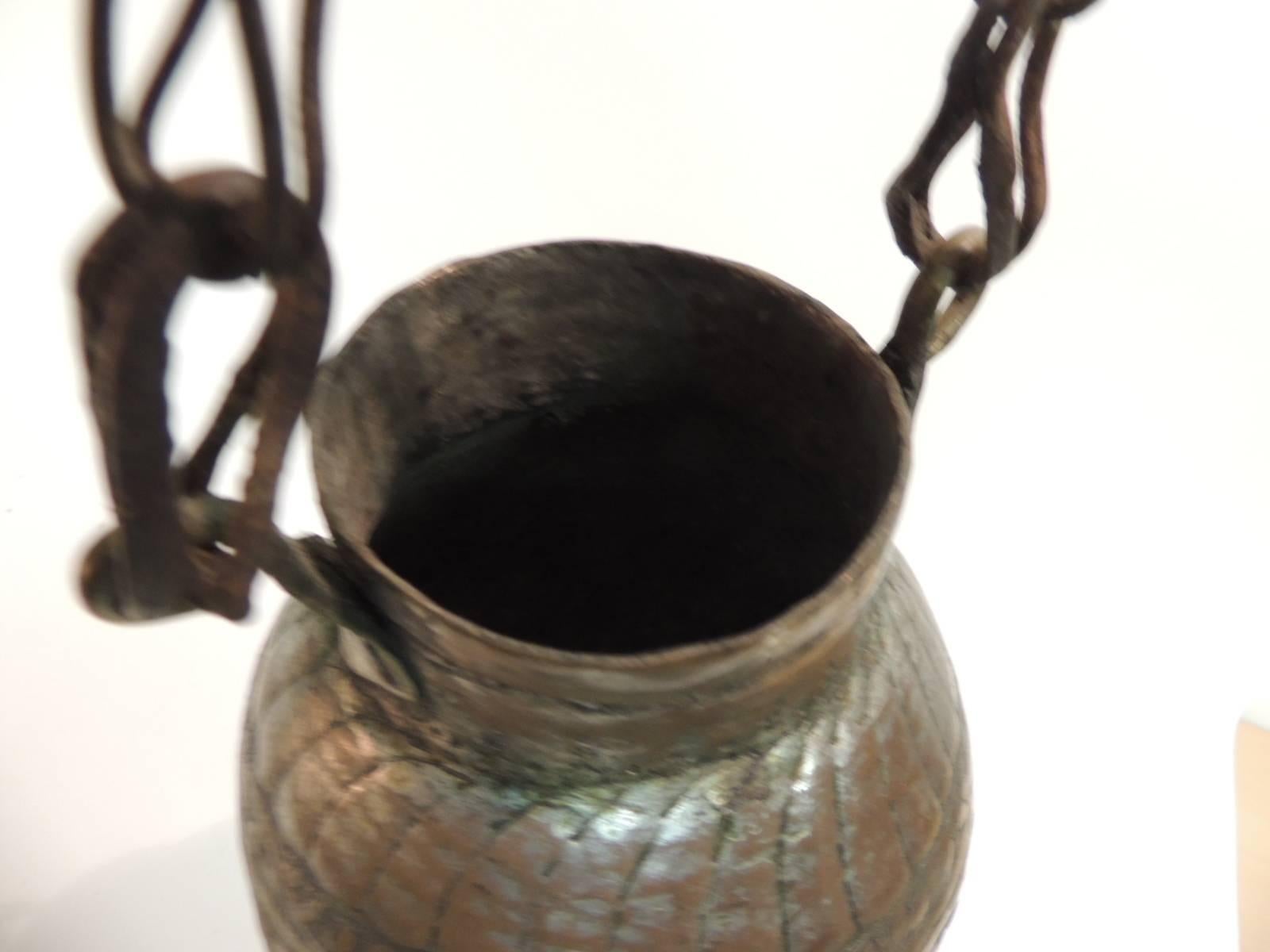 Raj Antique Persian Copper Repousse Oil Lamp with Hanging Hook