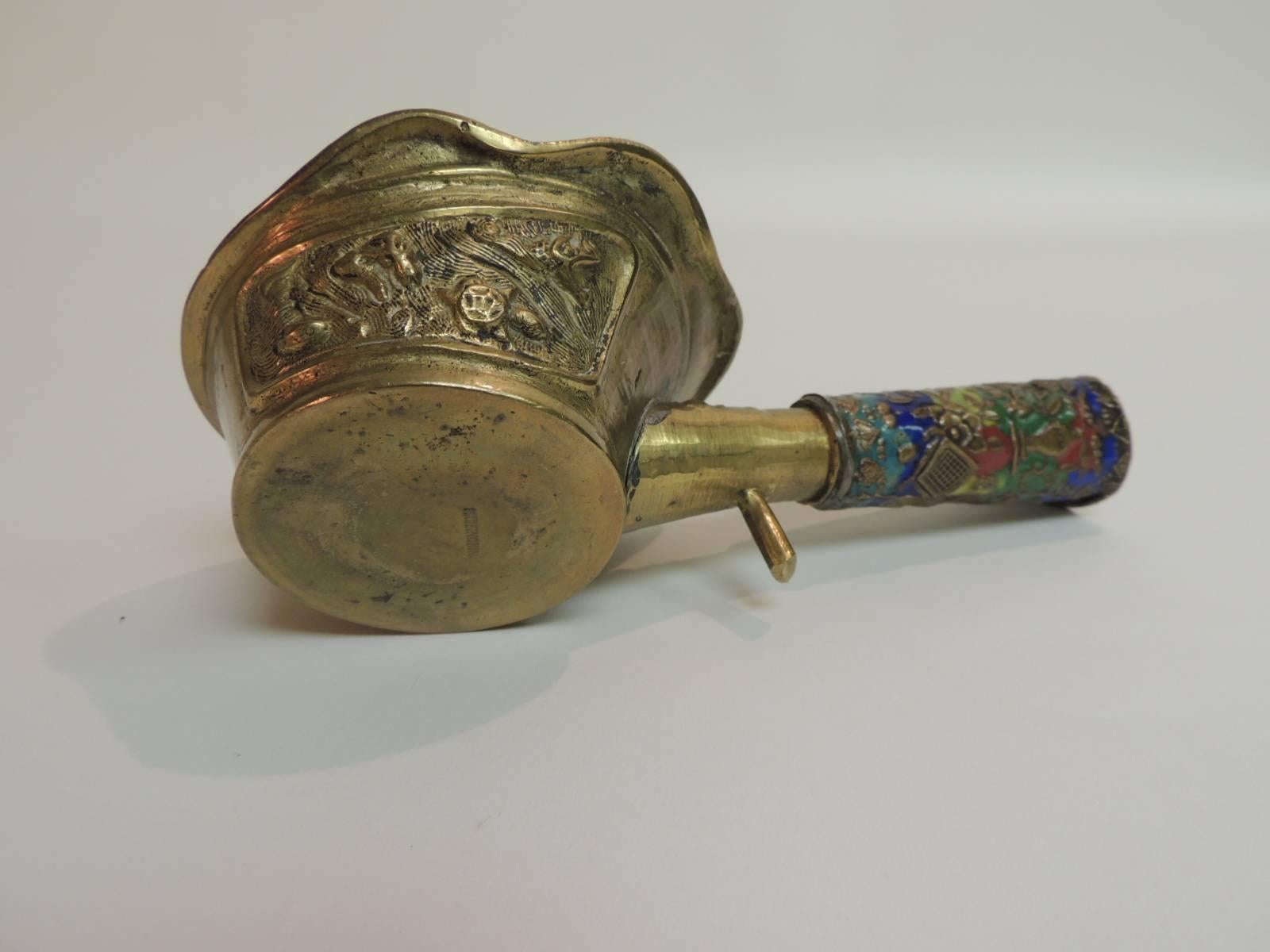 Chinoiserie Vintage Asian Cloisonne and Brass Silk Iron