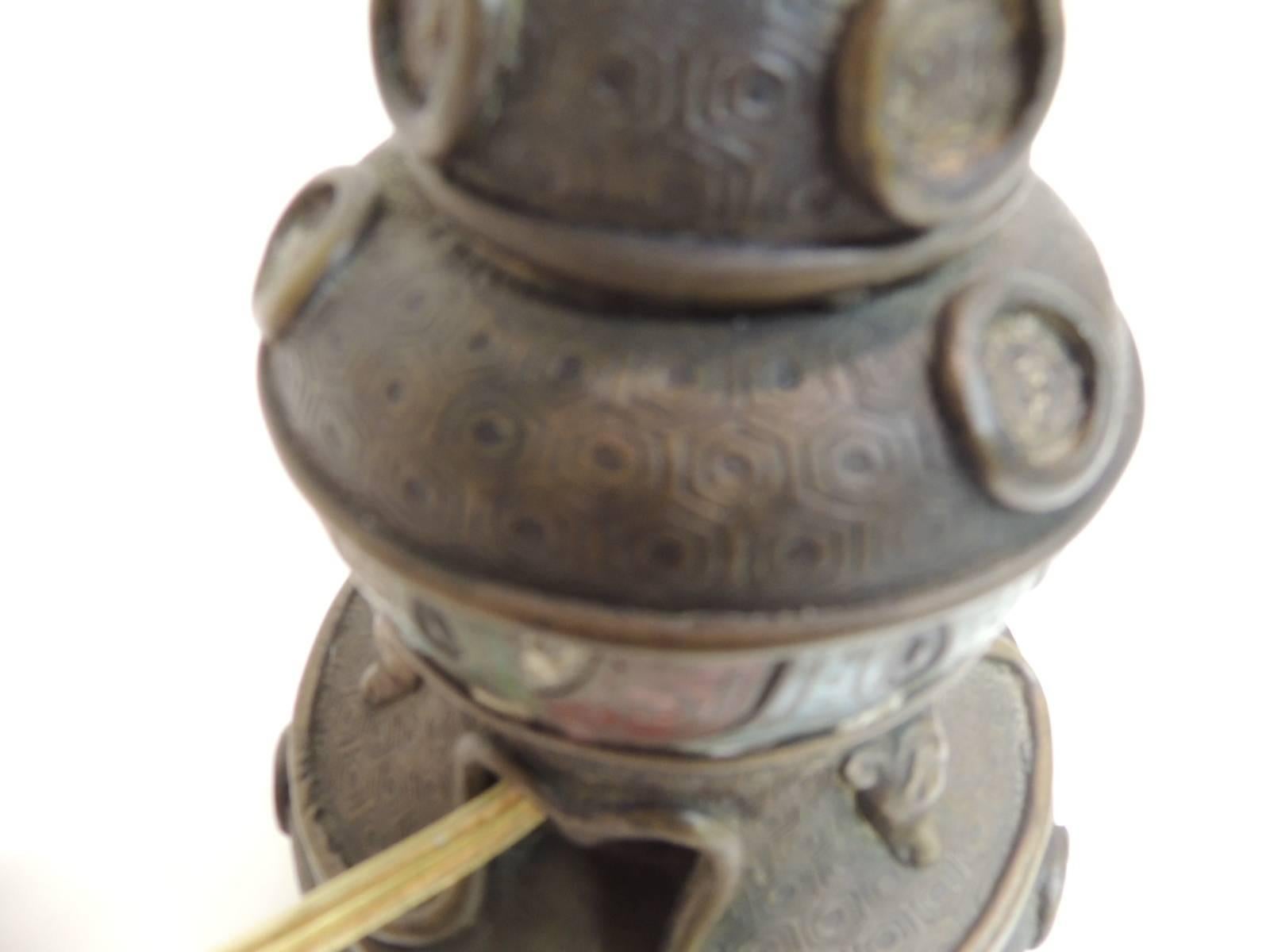 Japonisme Antique Bronze and Cloisonne Round Asian Table Lamp