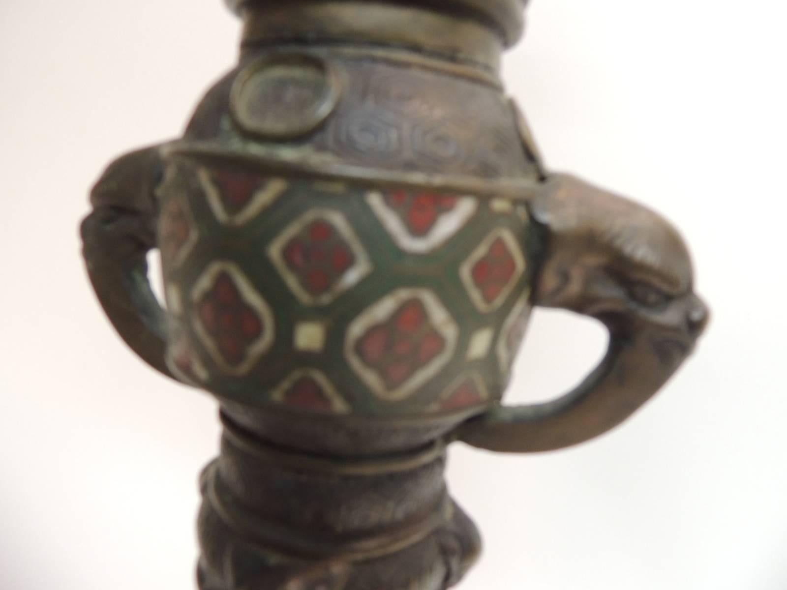 Japanese Antique Bronze and Cloisonne Round Asian Table Lamp