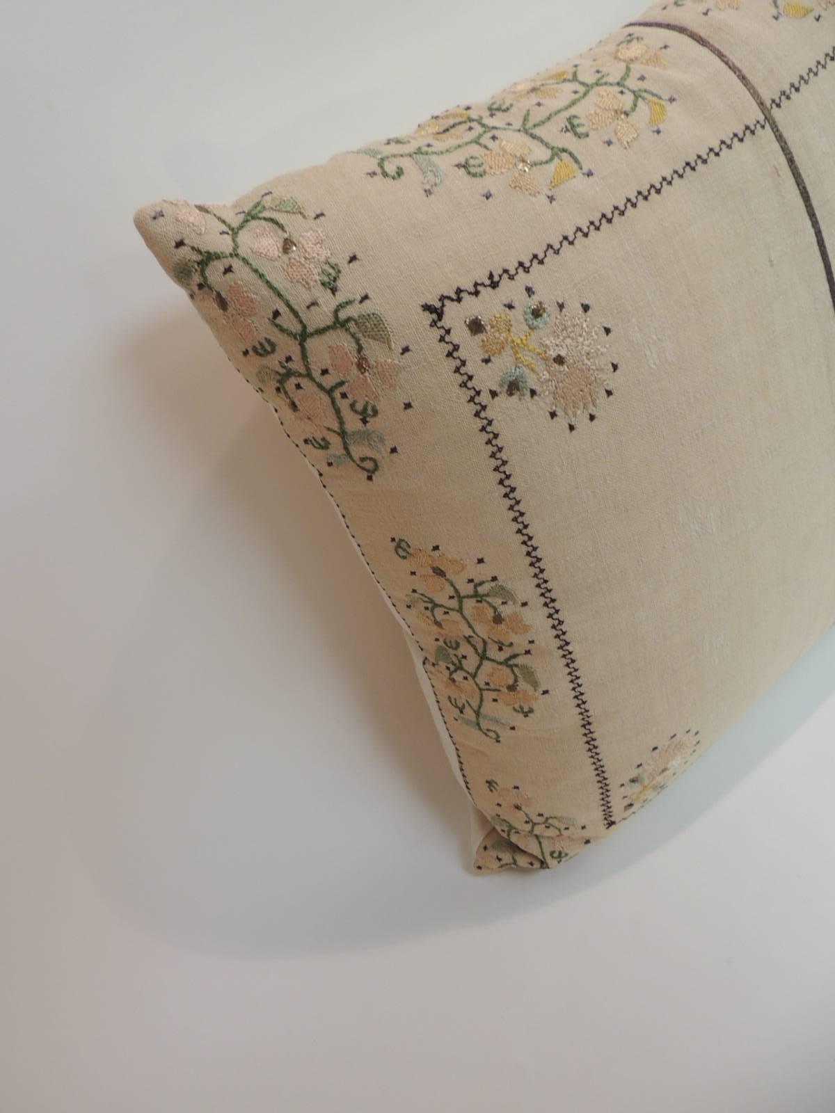 Antique Textiles Galleries:
19th century Turkish Embroidered Linen Square Decorative Pillow
Antique Turkish embroidered linen square decorative pillow embellished with metallic threads and floss silk hand-embroidered on sheer linen. The floral